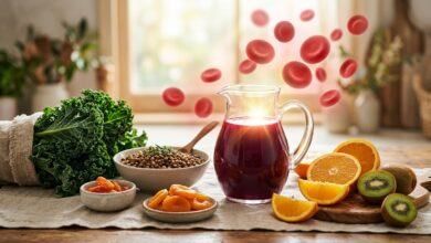 Anemia - Sintomas e Causas | Tratamento Natural em anemia Alimentos ricos em ferro e vitamina C, como couve, lentilhas e citrinos, com glóbulos vermelhos ilustrados