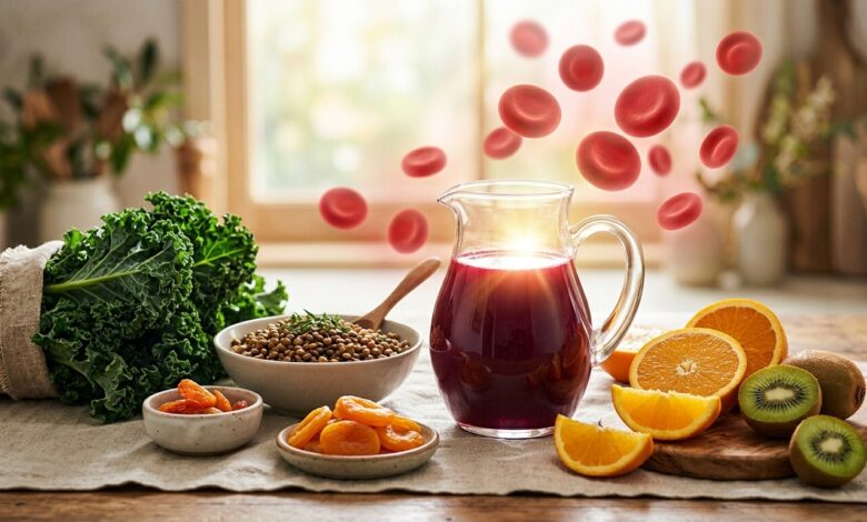 Anemia - Sintomas e Causas | Tratamento Natural em Curas Naturais Alimentos ricos em ferro e vitamina C, como couve, lentilhas e citrinos, com glóbulos vermelhos ilustrados