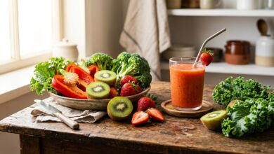Alimentos com mais vitamina C do que a laranja em vitamina C Batido vermelho rodeado de ingredientes frescos: brócolos, pimento vermelho, kiwi, morangos e couve frisada