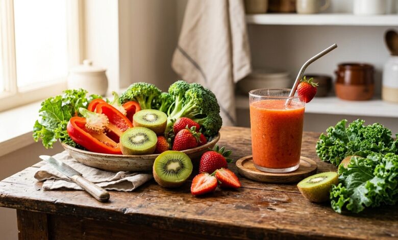 Alimentos com mais vitamina C do que a laranja em Alimentação Batido vermelho rodeado de ingredientes frescos: brócolos, pimento vermelho, kiwi, morangos e couve frisada