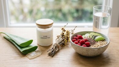Remédios Naturais: Solução Eficaz para Hemorroidas! em Curas Naturais Folhas de aloé vera, um frasco de óleo de coco, uma taça com fruta e sementes e um copo de água sobre uma mesa