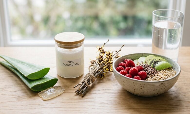 Remédios Naturais: Solução Eficaz para Hemorroidas! em Curas Naturais Folhas de aloé vera, um frasco de óleo de coco, uma taça com fruta e sementes e um copo de água sobre uma mesa