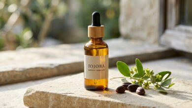 Óleo de Jojoba: Benefícios, Utilizações e Como Aplicar em Alimentação Frasco de óleo Jojoba Natural Skincare com sementes e um ramo de jojoba sobre uma pedra