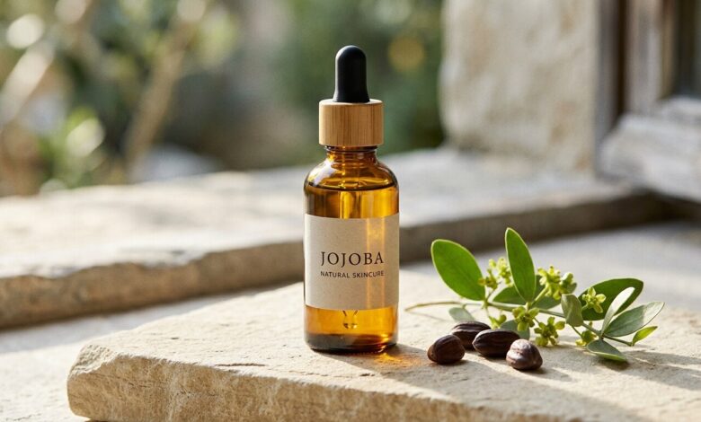 Óleo de Jojoba: Benefícios, Utilizações e Como Aplicar em Plantas & Vitaminas Frasco de óleo Jojoba Natural Skincare com sementes e um ramo de jojoba sobre uma pedra