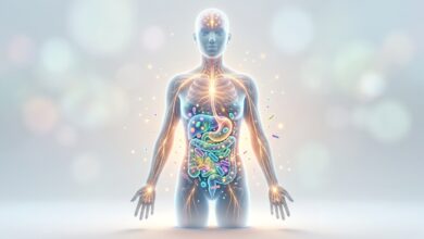 Sinais de Que a Flora Intestinal Pode Estar Desequilibrada em Corpo Ilustração do corpo humano destacando a ligação entre o cérebro, o sistema nervoso e o microbioma intestinal