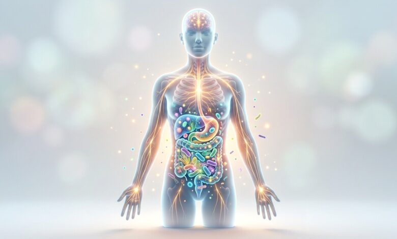 Sinais de Que a Flora Intestinal Pode Estar Desequilibrada em Corpo Ilustração do corpo humano destacando a ligação entre o cérebro, o sistema nervoso e o microbioma intestinal