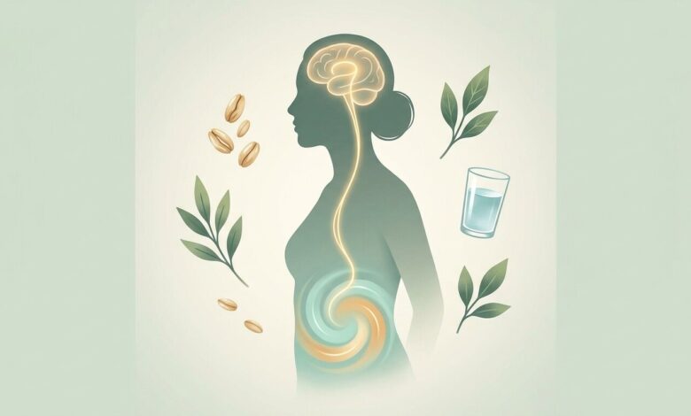 Síndrome do Intestino Irritável: Sintomas, Causas e Como Melhorar a Qualidade de Vida em Corpo Ligação entre o cérebro e o sistema digestivo numa silhueta humana, rodeada por cereais, folhas e água