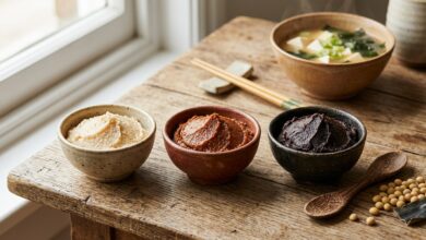 Miso: O Superalimento Fermentado e os Seus Benefícios para a Saúde em Alimentação Três taças com diferentes variedades de pasta de miso — branca, vermelha e escura — dispostas numa mesa de madeira
