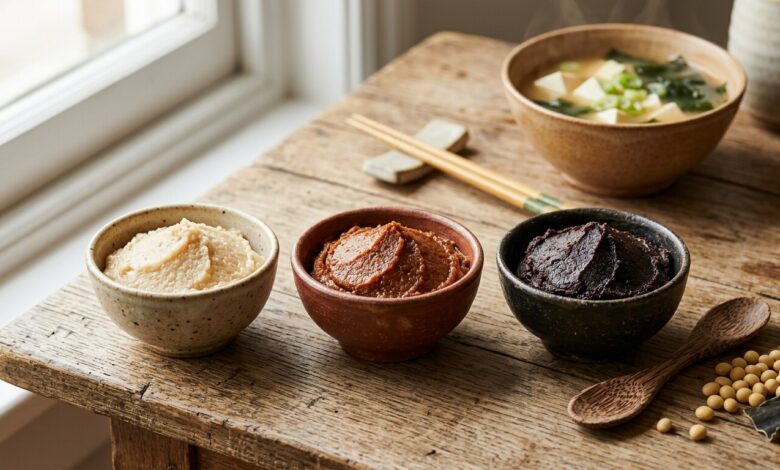 Miso: O Superalimento Fermentado e os Seus Benefícios para a Saúde em Alimentação Três taças com diferentes variedades de pasta de miso — branca, vermelha e escura — dispostas numa mesa de madeira