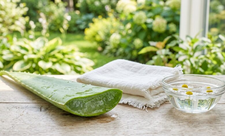 Como Identificar Picadas de Insetos: Sintomas, Tratamentos Naturais e Sinais de Alerta em Corpo Folha de aloé vera cortada, pano branco e taça com água e flores de camomila sobre uma mesa de madeira